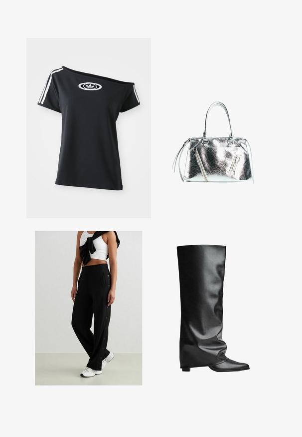 Czarny t-shirt typu off-shoulder z krótkim rękawem, z białym logo Adidas oraz trzema białymi paskami na ramionach. Gładka tekstura materiału.; Biały koronkowy body z długim rękawem, z tkanym wzorem i niskim dekoltem z tyłu, zwężający się do wysokiego wycięcia nogawek.; Czarne spodnie dresowe z bocznymi guzikami zapinanymi na napy, elastycznym paskiem i dwoma kieszeniami po bokach. Materiał wydaje się być miękki o gładkiej teksturze.; Czarne skórzane kozaki do kolan o gładkiej fakturze, luźnym kroju, spiczastym nosku i niskim kwadratowym obcasie. Minimalistyczny styl bez widocznych elementów metalowych.; Metaliczna srebrna torba o sztywnym kształcie, z dwoma uchwytami na górze i kieszeniami zapinanymi na zamek z przodu. Gładka, błyszcząca tekstura.