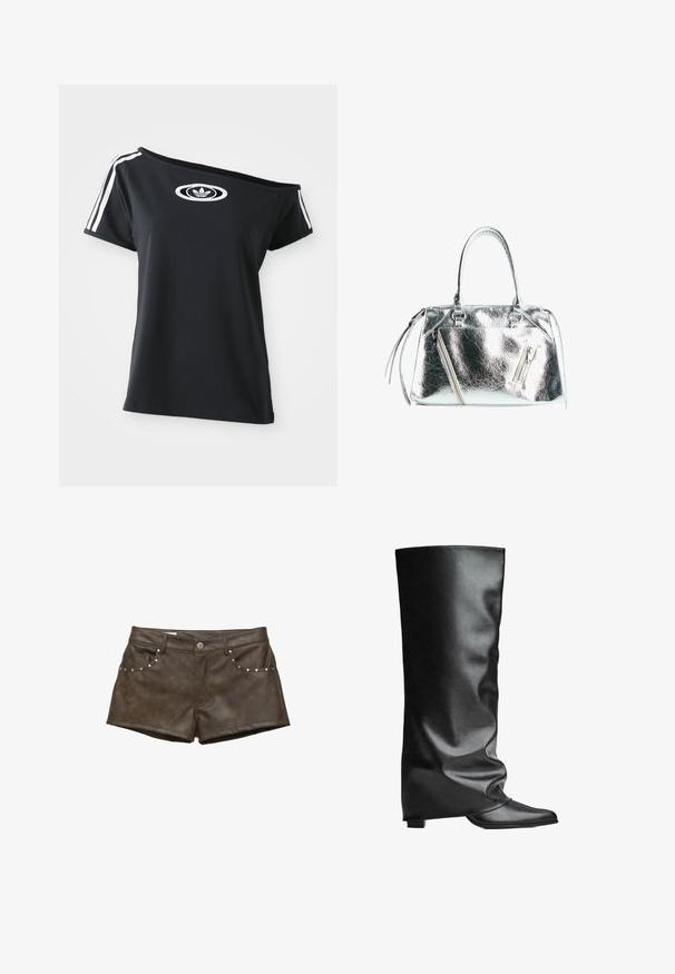 Mustat olkapäiltä avonaiset T-puserot lyhyillä hihoilla, joissa on valkoinen Adidas-logo ja kolme valkoista raitaa olkapäillä. Sujuva kangas.; Valkoinen pitsiset bodysuit pitkähihaisilla hihoilla, jossa on kudottu kuvio ja matala selkädesign, kapeneva korkeaan lahkeeseen.; Ruskeat keinonahka-shortsit, joissa on sileä pinta, etutaskuissa hopeanvärisiä niittejä ja nappikiinnitys.; Mustat nahkaiset polven yli ulottuvat saappaat, joissa on sileä pinta, löysä muotoilu, terävä sääntö ja matala neliömäinen korko. Minimalistinen tyyli ilman näkyvää metalliosaa.; Metallinen hopeinen käsilaukku, jossa on rakenteellinen muoto, kaksi ylhäällä olevaa kahvaa ja vetoketjulliset taskut edessä. Sujuva, kiiltävä pinta.