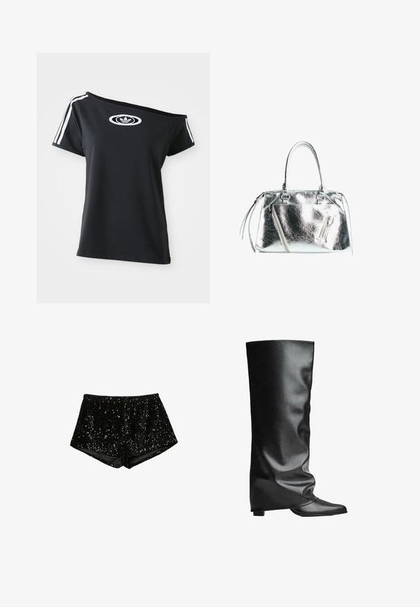 T-shirt noire à épaule dénudée avec des manches courtes, présentant un logo Adidas blanc et trois bandes blanches le long des épaules. Texture de tissu lisse.; Body en dentelle blanche à manches longues, présentant un motif tissé et un dos décolleté, se resserrant vers une ouverture de jambe haute.; Shorts noirs à paillettes avec un design ajusté et texturé. Le tissu est orné de paillettes brillantes disposées en un motif décoratif.; Bottes en cuir noir allant jusqu'au genou avec une texture lisse, un design flou, un bout pointu et un petit talon carré. Style minimaliste sans quincaillerie visible.; Sac à main argenté métallique avec une forme structurée, deux poignées supérieures et des poches zippées à l'avant. Texture lisse et brillante.