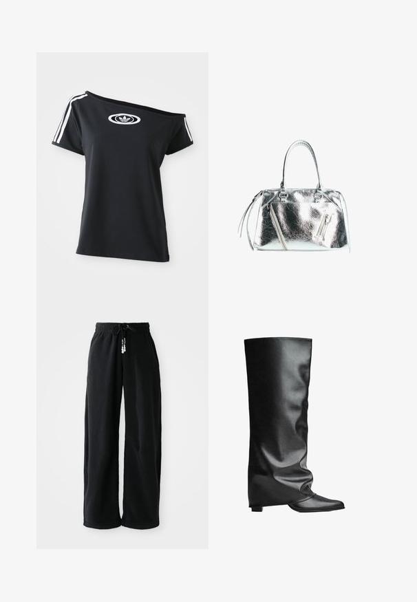 Zwart off-shoulder T-shirt met korte mouwen, met een wit Adidas-logo en drie witte strepen langs de schouders. Soepele stoftextuur.; Witte kanten bodysuit met lange mouwen, featuring een geweven patroon en een laag rugontwerp, taps toelopend naar een hoge beenopening.; Zwarte joggerpants van zachte stof, met een trekkoord in de taille en een losse pasvorm. Geen patronen. Eenvoudig ontwerp met boordjes aan de onderkant en zijzakken.; Zwarte leren laarzen tot de knie met een gladde textuur, een slonzek ontwerp, puntige neus en een lage vierkante hak. Minimalistische stijl zonder zichtbare hardware.; Metalen zilveren handtas met een gestructureerde vorm, twee bovenhandvaten en ritszakken aan de voorkant. Gladde, glanzende textuur.