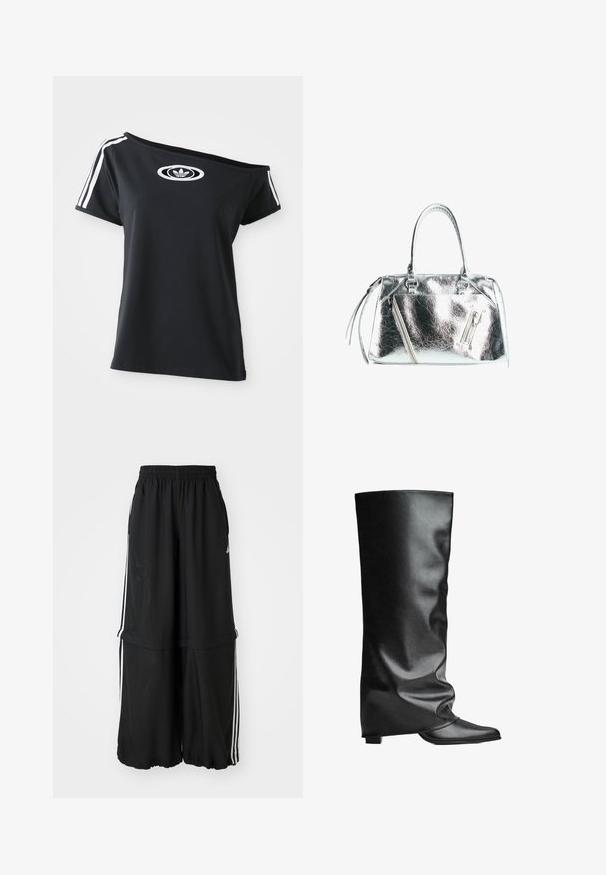 Svart off-shoulder T-shirt med korta ärmar, med vit Adidas-logga och tre vita ränder längs axlarna. Slät tygkvalitet.; Svarta träningsbyxor med elastisk midja, sidostråk och en lös passform med en insamlad fåll för en flödande silhuett.; Svarta läderstövlar som når knäna med en slät yta, en avslappnad design, spetsig tå och en låg kvadratisk klack. Minimalistisk stil utan synlig hårdvara.; Metallisk silverfärgad handväska med en strukturerad form, två handtag upptill och blixtlåsfickor fram. Slät, glänsande yta.