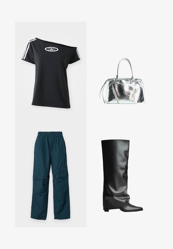 Črna majica s kratkimi rokavi brez naramnic, opremljena z belim logotipom Adidas in tremi belimi črtami ob ramenih. Gladka tekstura tkanine.; Celozeleno delovne hlače z elastičnim pasom, dvema stranskima žepoma in ohlapnim krojem. Narejene so iz lahkotnega materiala, z detajli šivanja.; Črne usnjene škornje do kolen z gladko teksturo, mehkim dizajnom, koničastim nosom in nizko kvadratno peto. Minimalističen slog brez vidne opreme.; Metalna srebrna torbica z urejenim oblikom, dvema zgornjima ročajema in zadrgo na sprednji strani. Gladka, sijoča tekstura.