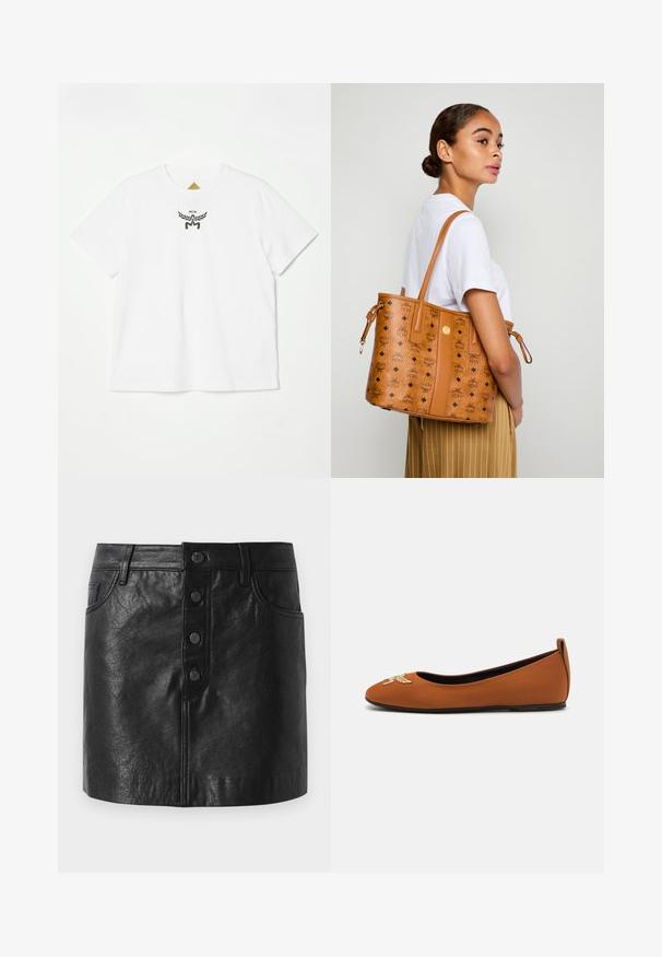 White cotton t-shirt featuring a small black logo with wings and "MCM" at the center front. Short sleeves and crew neck design.; Black leather skirt with a high waistband, front button closure, two side pockets, and a slightly a-line shape. Textured finish.; Brown ballet flat made of smooth material with a rounded toe, featuring a decorative embroidered design on the toe and a low heel.; Woman in white shirt and striped pants carrying a tan leather tote bag with black logos over her shoulder, facing sideways.
