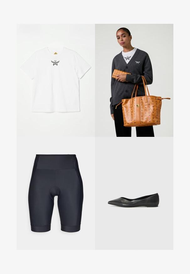 Hvid bomuld t-shirt med et lille sort logo med vinger og "MCM" i midten på fronten. Korte ærmer og rund hals.; Sorte cykelshorts fremstillet af glat, strækbart stof. Højtaljet design med en polstret indsats og sømdetaljer.; Sorte læder balletlejersko med spids tå, lav hæl og glat overflade. Minimalistisk design med en diskret sideaccent.; Kvinde iført en mørkegrå cardigan og hvid skjorte, som holder en lys læder tote taske og en matchende pung med logo-print.; Tan læderpung med sorte MCM-logoer, der har en klaplukning og diamantmønster accenter. Tekstureret overflade med syede kanter.