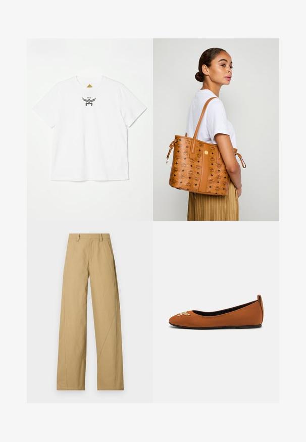 Balts kokvilnas t-krekls ar mazu melnu logotipu ar spārniem un "MCM" centrā priekšā. Īsas piedurknes un apaļais kakls.; Khaki platleģējoši bikšu izgatavoti no kokvilnas maisījuma ar gludu tekstūru, ar diagonālajām šuvju akcentiem un klasisku jostas dizainu.; Brūns baleta apavas, izgatavots no gludas materiāla, ar apaļu purngalu, ar dekoratīvu izšuvumu uz purngala un zemu papēdi.; Sieviete baltā krekla un svītrainos biksēs, nēsājot gaiši brūnu ādas somu ar melniem logo, somu pār plecu, stāv šķērsām.