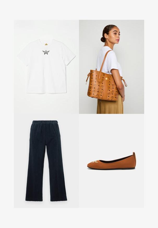 Hvid bomuld t-shirt med et lille sort logo med vinger og "MCM" i midten på fronten. Korte ærmer og rund hals.; Marineblå kordfløjl bukser med en vid ben design, elastisk talje og lodret ribbet struktur. Har sidelommer og en lige kant.; Brune balletflat lavet af glat materiale med en rund tå, der har et dekorativt broderet design på tåen og en lav hæl.; Kvinde i hvid skjorte og stribede bukser, der bærer en lys læder tote taske med sorte logoer over skulderen, vendt skråt mod siden.
