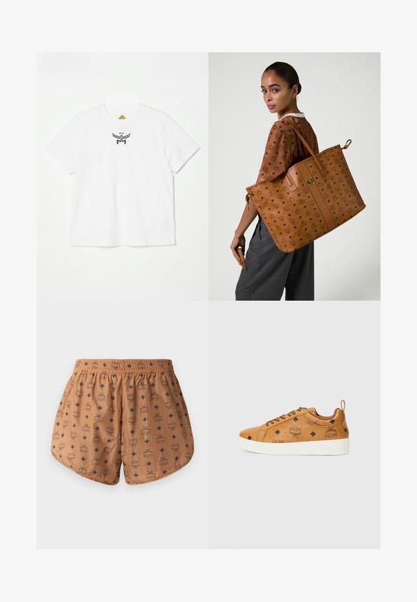 Hvid bomuld t-shirt med et lille sort logo med vinger og "MCM" i midten på fronten. Korte ærmer og rund hals.; Brune shorts med et helovertrykt logo-mønster og mørkeblå diamantdetaljer, elastisk talje og let, struktureret stof.; Brune lædersneakers med kontrastfarvede hvide gummisåler, prydet med sorte diamantmønstre og MCM-logoer på siden. Inkluderer snørebånd og en bagåbning.; Stor tan tote bag med et præget mønster, som har en glat tekstur, flade stropper og et hardware-accent i guld tono.
