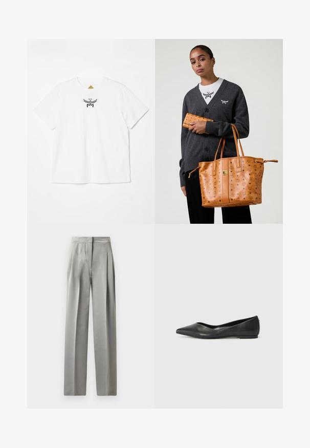 Weißes Baumwoll-T-Shirt mit einem kleinen schwarzen Logo mit Flügeln und "MCM" in der Mitte auf der Vorderseite. Kurze Ärmel und Rundhalsausschnitt.; Hellgraue, maßgeschneiderte Hose mit glatter Textur, die vorne Falten, einen weiten Bein-Ausschnitt und einen enganliegenden Bund aufweist.; Schwarze Leder-Ballerinas mit spitzem Zehenbereich, niedrigem Absatz und glatter Textur. Minimalistisches Design mit einem dezenten seitlichen Akzent.; Frau in einem dunkelgrauen Cardigan und weißem Hemd, die eine sandfarbene Leder-Tasche und ein passendes Portemonnaie mit Logo-Druck hält.
