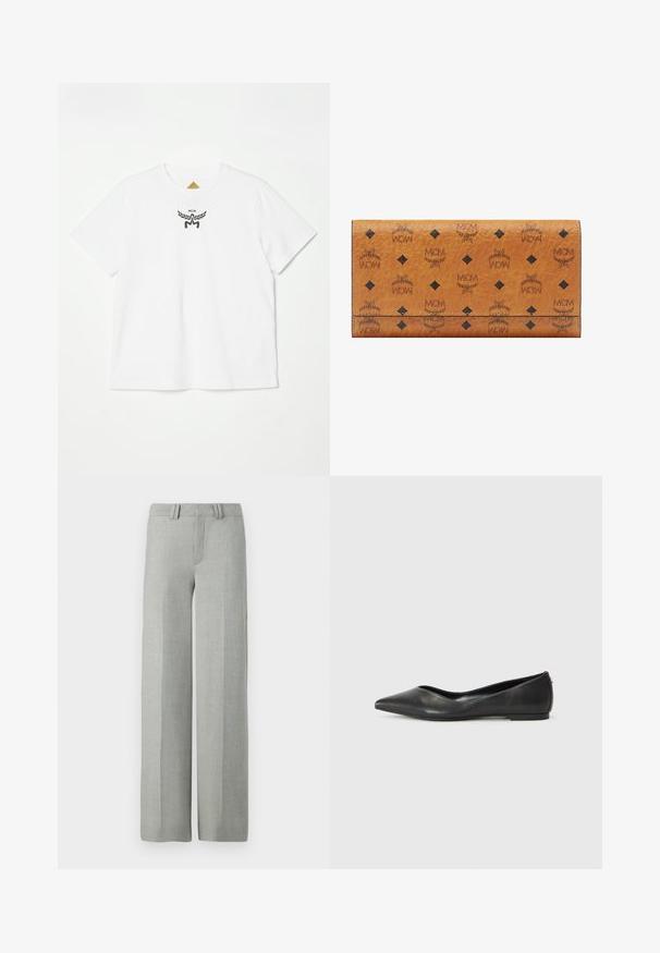 Camiseta de algodão branca com um pequeno logotipo preto com asas e "MCM" no centro à frente. Design de mangas curtas e gola redonda.; Calças largas cinzentas em tecido leve, com frente plana, passadores de cinto e linhas limpas e estruturadas sem padrões visíveis.; Sapatilha de ballet em pele preta com bico apontado, salto baixo e textura suave. Design minimalista com um detalhe lateral discreto.; Carteira de couro castanho com logótipos MCM pretos, apresentando um fecho de aba e acentos de padrão diamante. Superfície texturizada com bordas cosidas.