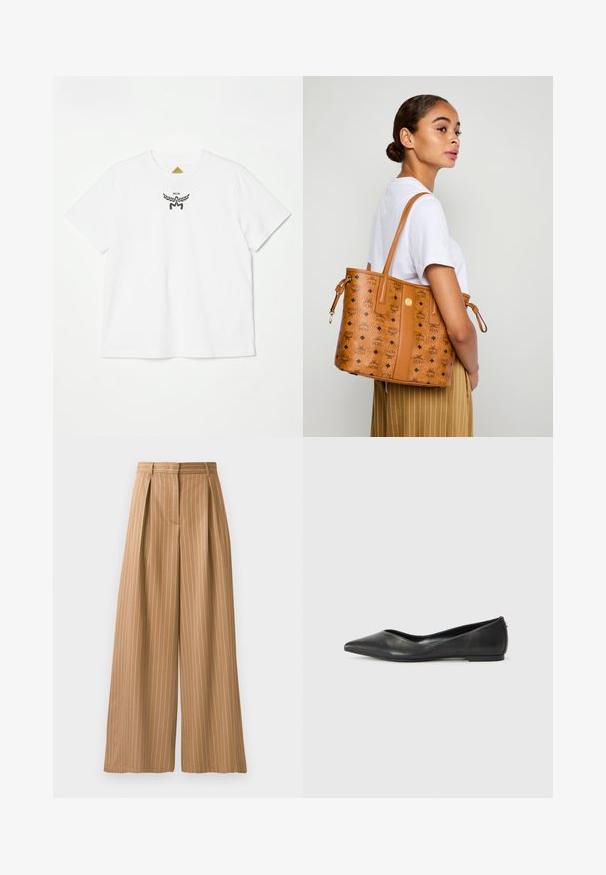 Hvid bomuld t-shirt med et lille sort logo med vinger og "MCM" i midten på fronten. Korte ærmer og rund hals.; Bredde benbukser i et beige stof med lodrette hvide striber. Har plisseringer i taljen og en glat tekstur.; Sorte læder balletlejersko med spids tå, lav hæl og glat overflade. Minimalistisk design med en diskret sideaccent.; Kvinde i hvid skjorte og stribede bukser, der bærer en lys læder tote taske med sorte logoer over skulderen, vendt skråt mod siden.