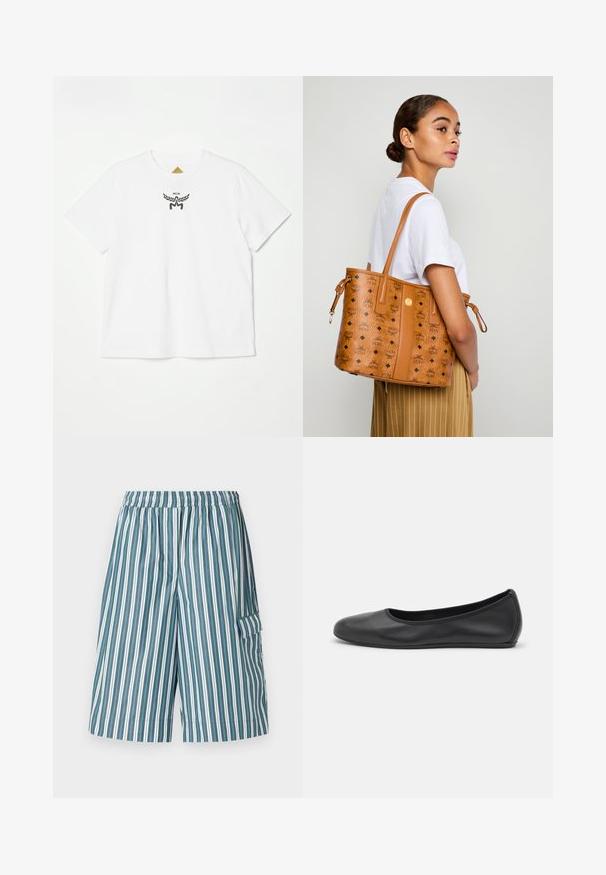 Balts kokvilnas t-krekls ar mazu melnu logotipu ar spārniem un "MCM" centrā priekšā. Īsas piedurknes un apaļais kakls.; Svītraines šortos ar elastīgu jostu, kurās ir pārmaiņus zaļas, balta un zilas vertikālās svītras, kā arī sānu kabata. Viegls audums.; Melna ādas baleta kurpe ar noapaļotu purngalu, gludu tekstūru, minimālu šuvju detalizāciju un elastīgu zoles dizainu.; Sieviete baltā krekla un svītrainos biksēs, nēsājot gaiši brūnu ādas somu ar melniem logo, somu pār plecu, stāv šķērsām.
