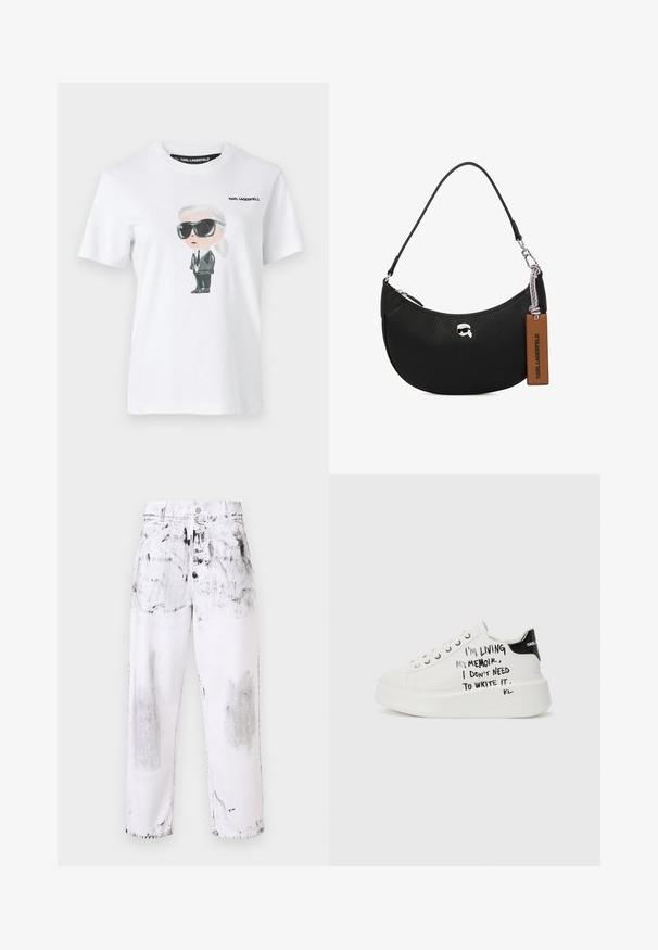 Balta kokvilnas T-kreklu ar grafisku attēlu, kurā attēlots varonis melnās brillēs un uzvalkā. Etiķete lasa "KARL LAGERFELD."; MOSCHINO LAUREL CROWN EMBLEM - Džinsi ar platām starām - fantasia bianco; Baltie platformas kedas ar melniem akcentiem, ar teksturētu zoli un roku rakstītu tekstu sānos. Gludas ādas materiāls.; Melnas ādas rokassomu ar akmens struktūru, izliekta forma, augšējā rāvējslēdzēja aizvēršana, sudraba detaļas un brūns birkas. Iespējas logotipa akcentam.