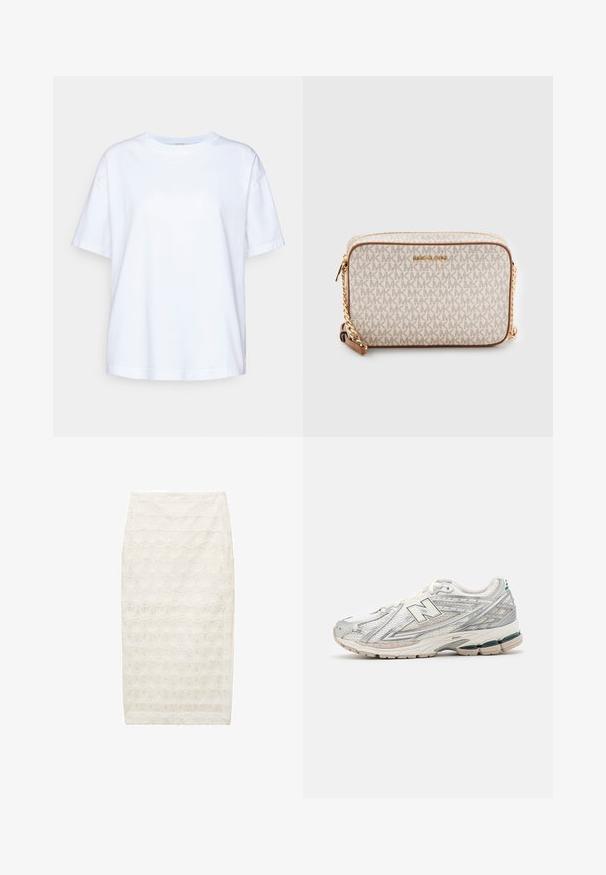 Hvid bomulds T-shirt med korte ærmer, rund hals, afslappet pasform, glat tekstur og ingen synlige mønstre eller detaljer.; Hvid blyantskirt med tekstureret blomstermønster, mellemlangt design og tætsiddende pasform. Lavet af letvægtsstof med subtil glans.; Løbeskoen har en sølv- og hvid mesh-overdel med en grøn accent. Sålen er chunky og tekstureret, designet til polstring og støtte.; Beige crossbody taske lavet af lærred med et gentaget MK-logo mønster, gyldent hardware og en kædestropp. Har en lynlåslukning og læderdetaljer.