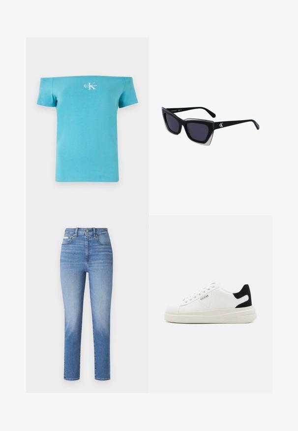 Camiseta turquesa sem mangas, feita de algodão suave, com mangas curtas e um gráfico de logo branco na frente.; Jeans de ganga de cor azul clara com uma cintura alta, pernas direitas e desbotados subtis. Apresenta passantes para cinto, cinco bolsos e fecho com botão de metal.; Sapatilhas brancas de couro com uma sola branca espessa, detalhe em camurça preta no calcanhar e logótipo em relevo na lateral. Design com atacadores e seis ilhós.; Óculos de sol oversized pretos com forma geométrica, apresentando lentes escuras e um detalhe cinza em contraste na armação. Logotipo na haste.