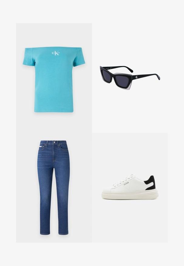 Camiseta turquesa sem mangas, feita de algodão suave, com mangas curtas e um gráfico de logo branco na frente.; Jeans de denim numa tonalidade azul escura com corte reto, design de cinco bolsos e detalhes de costura subtil. Apresenta um fecho com zip e botão.; Sapatilhas brancas de couro com uma sola branca espessa, detalhe em camurça preta no calcanhar e logótipo em relevo na lateral. Design com atacadores e seis ilhós.; Óculos de sol oversized pretos com forma geométrica, apresentando lentes escuras e um detalhe cinza em contraste na armação. Logotipo na haste.