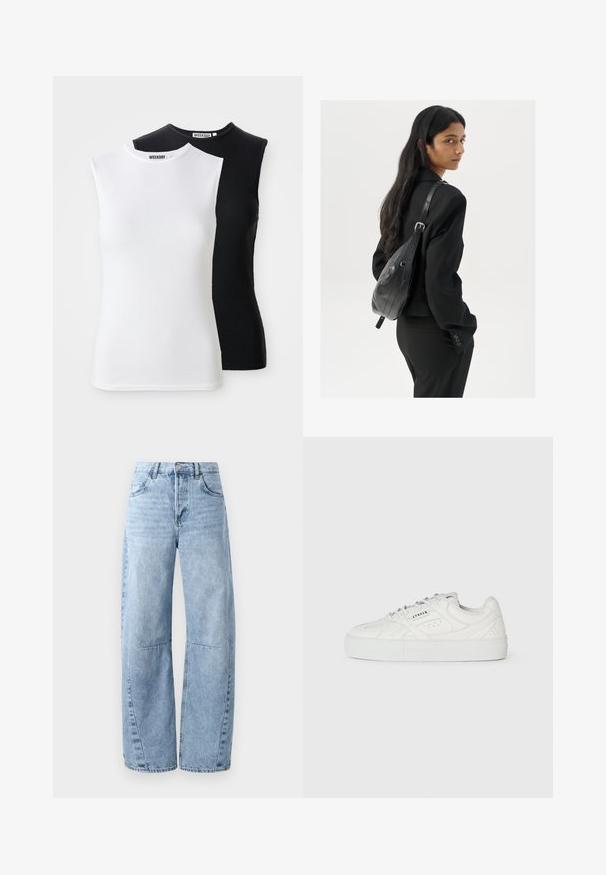 Deux tops à bretelles sans manches en blanc et noir. Présentent un col haut et un design ajusté. Le tissu est doux et extensible. Étiquette de marque visible.; Jeans en denim bleu clair à jambes larges, dotés d'une taille haute, de cinq poches et d'un léger dégradé. Les jambes présentent des coutures et des seams visibles.; Baskets blanches montantes avec un design à lacets, détails perforés et "CPNHGN" imprimé sur le côté, sur un fond blanc uni.; Femme avec de longs cheveux foncés portant un costume noir, portant un sac à épaule en cuir noir, regardant par-dessus son épaule contre un fond blanc.