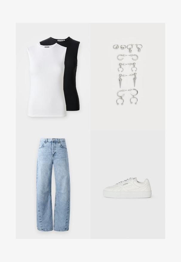 Duas blusas sem mangas em branco e preto. Apresentam um decote alto e um design ajustado. O tecido é suave e elástico. Rótulo da marca visível.; Jeans de pérna larga azul claro, feitos de denim, com cintura alta, cinco bolsos e um desbotado discreto. As pernas apresentam costuras e emendas visíveis.; Sapatilha branca de cano baixo com design de atacador, detalhes perfurados e "CPNHGN" impresso na lateral, em fundo branco liso.; Conjunto de brincos de prata com diversos designs: argolas, studs e modelos pendentes, com acentos de bola e elementos pontiagudos.