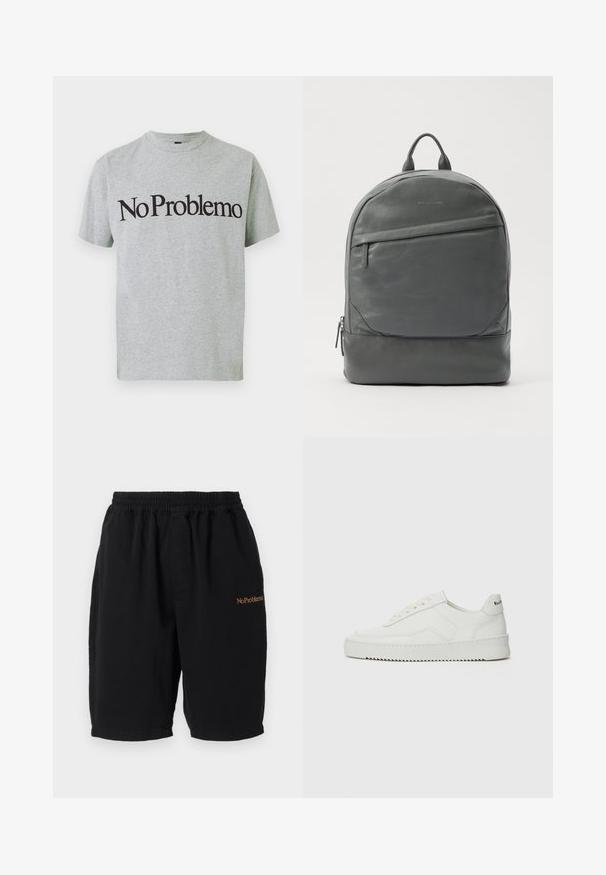 T-shirt en coton gris avec des manches courtes et un col rond, ornée d'un texte noir affichant "No Problemo" en évidence sur le devant.; Shorts en coton noirs avec une taille élastique, coupe droite et poches latérales. Présente l'inscription "No Problemo" brodée en orange sur le devant.; Baskets en cuir blanc avec une finition lisse, bout arrondi, lacets plats et semelle texturée. Présente un logo discret sur le talon.; Sac à dos en cuir gris avec une forme arrondie, poche zippée à l'avant et poignée supérieure. Texture lisse avec des accents de couture et un logo minimal.