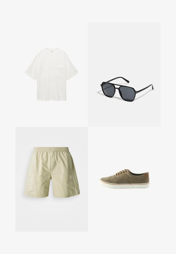 Weißes Kurzarm-T-Shirt aus Baumwolle mit rundem Ausschnitt und kleiner Brusttasche. Glatte Textur und lässige Passform.; Helle grüne Shorts aus glattem Stoff mit einem elastischen Bund, seitlichen Taschen, weißen Akzenten und einem Logo auf dem linken Bein.; Braune Stoffsportschuhe mit hellbraunen Akzenten, weißer Gummisohle, runder Zehenpartie und sechs Ösen für Schnürsenkel. Strukturiertes Material für besseren Halt.; Schwarze Sonnenbrille mit achteckigem Rahmen, dunklen Gläsern, glänzender Oberfläche, dünnen Bügeln und goldenen Akzenten auf der Vorderseite.