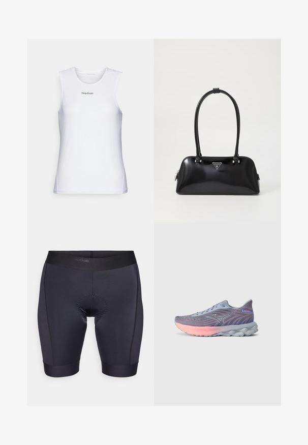 Bílý bezrukávový sportovní top s texturovaným síťovým designem. Má kulatý výstřih a šedé logo "GripGrab" na hrudi.; Černé cyklistické šortky vyrobené z hladké, pružné tkaniny. Mají polstrovanou sedací část a elastický pas pro pohodlí během jízdy.; Lehké běžecké boty s fialovou síťovinou, růžovou střední částí a texturovaným designem. Mají odpruženou podrážku pro pohodlí a podporu.; Černá lesklá kabelka s křivkovým siluetou, dvěma uchy a předními logovými destičkami. Zipové zapínání a lesklé kovové akcenty.