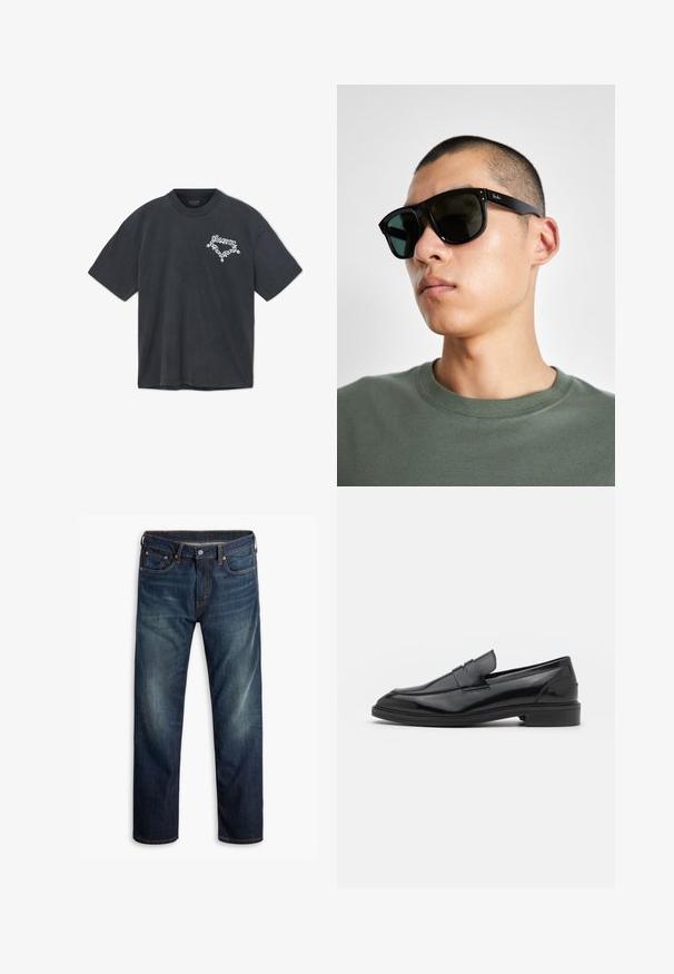 T-shirt en coton gris foncé à manches courtes, décolleté rond, avec un design textuel blanc mettant en avant un motif de chaîne décorative sur le devant.; Jean en denim bleu foncé avec un léger délavage sur les cuisses, design à cinq poches, fermeture par bouton et coutures oranges visibles sur fond blanc.; Mocassins en cuir noir avec une finition lisse, dotés d'un bout arrondi et d'une bande étroite sur le dessus. Talon bas empilé.; Lunettes de soleil rectangulaires noires avec des verres foncés, présentant une forme distinctive et un logo sur la branche. Portées par une personne en chemise verte.