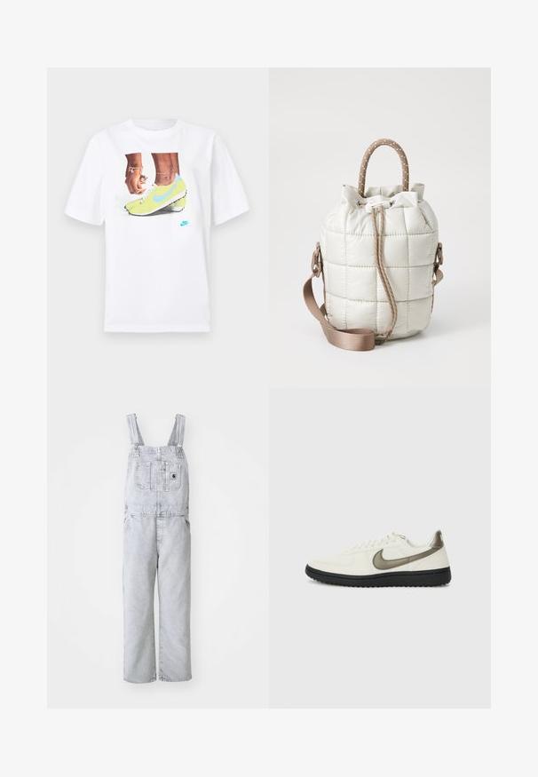 Biely bavlnený tričko s grafikou nôh v žltých kopačkách Nike s modrými akcentmi, doplnené náramkom na ľavej ruke.; Sivé denimbové nohavice s nastaviteľnými popruhmi, predným vreckom a bočnými vreckami; voľný, rovný strih; vyblednutý vzhľad s minimálnou textúrou.; Nike Sportswear FIELD GENERAL - Tenisky - off-white/black; Prešívaná svetlo béžová taška s stiahnutým vrcholom, s pletenou rúčkou a odnímateľným popruhom. Hladký povrch s jemným leskom.