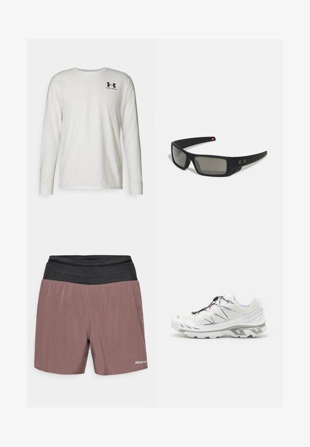 T-shirt de manga longa branca feita de algodão com decote redondo. Apresenta um logótipo preto no lado superior esquerdo do peito. Textura suave e design ajustado.; Calções castanhos com uma cintura elástica preta, apresentando uma textura suave e bolsos laterais. Logotipo exibido no lado inferior esquerdo frontal.; Sapatilha atlética branca com parte superior texturizada, detalhes refletivos e sola cinza. Apresenta padrões triangulares acentuados e um sistema de atacadores rápidos.; Óculos de sol pretos com acabamento mate, lentes retangulares, leve curvatura nas hastes, detalhe sutil do logo e lentes de cor fumada.