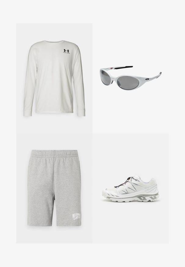Hosszú ujjú fehér pamut póló, kerek nyakkivágással. A bal felső mellrészén fekete logó található. Simább textúrájú és testhezálló fazonú.; Szürke pamut rövidnadrág elasztikus derékkal és fehér logóval az alsó jobb oldalon. Puha tapintás, térd hosszúságú kialakítás.; Fehér sportcipő texturált felsőrésszel, fényvisszaverő részletekkel és szürke talppal. Kiemelkedő háromszög mintázatokkal és gyorsfűzési rendszerrel rendelkezik.; Fehér műanyag napszemüveg nagy ovális lencsékkel, szürkére árnyékolva. Fekete fülre csúszó betétekkel és egy kis logóval a kereten. Simább felület.
