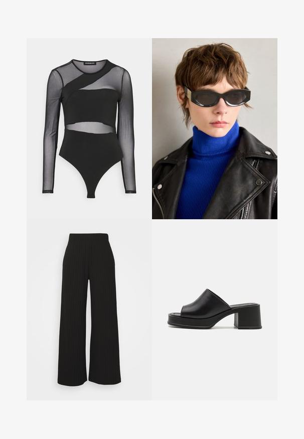 Bodysuit noir avec des manches longues transparentes, un design ajusté avec des détails en mesh superposés et une coupe tanga en bas.; ONLY Petite ONLINGA PANT - Pantalon classique - black; Mules à plateforme en cuir noir avec un bout ouvert rond, un petit talon carré et une texture lisse. Design minimaliste avec des lignes épurées.; Lunettes de soleil noires avec des bords arrondis et des verres teintés. Présente des éléments en métal doré sur les branches. Portées avec un col roulé côtelé bleu et une veste en cuir.