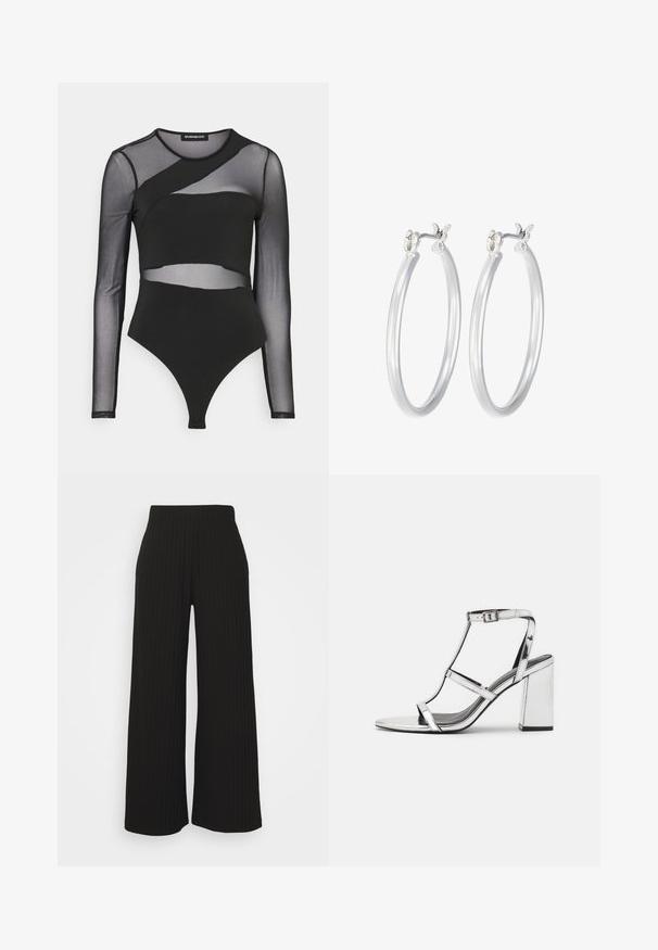 Sort bodysuit med lange gennemsigtige ærmer, en tætsiddende design med lagdelte mesh-detaljer og en trusseresultat nederst.; ONLY Petite ONLINGA PANT - Bukser - black; Sølvmetallic hæl sandaler med T-rem design, justerbar ankelspænde og blokhæle, med en glat, reflekterende overflade.; Sølv hoop øreringe med en glat, poleret overflade. Rund form og sikker klik-lukning. Letvægtsdesign, der er velegnet til hverdagsbrug.