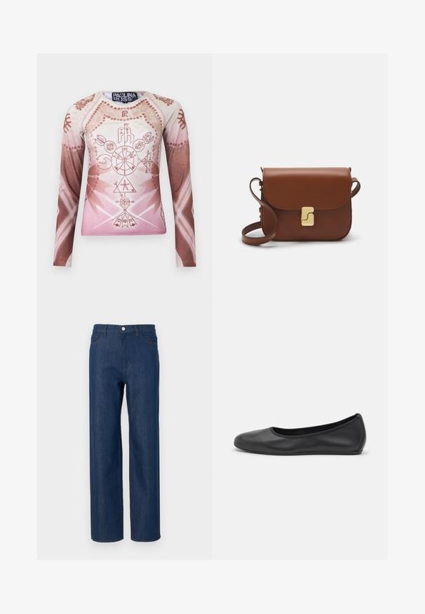 Long-sleeve shirt in gradient shades of light pink and brown, featuring intricate geometric and floral graphics, made of smooth fabric.; Dark blue denim jeans with a straight leg, five-pocket design, silver button closure, and subtle stitching details on pockets.; Black leather ballet flat with a rounded toe, smooth texture, minimal stitching detail, and a flexible sole design.; Brown leather handbag with a flap closure, gold-tone hardware, a shoulder strap, and a smooth texture. Compact rectangular shape.