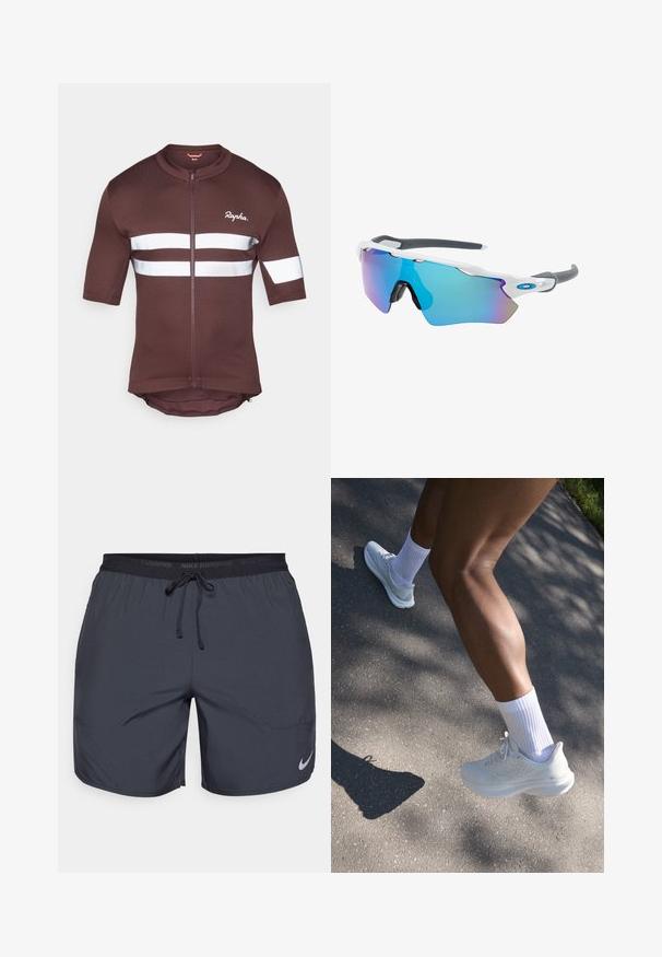 Hnedé cyklistické tričko s krátkym rukávom a plným zipsom, s bielymi reflexnými pruhmi a sieťovanými detailmi. Logo značky umiestnené vpredu.; Běžecké šortky Nike v tmavě šedé barvě, s elastickým pasem a šňůrkou na stažení, a stříbrným logem na spodní části pravé nohavice.; Biele športové tenisky s textúrovaným vrchom, šnúrkami a polstrovanou podrážkou, spojené s bielymi ponožkami po členky, na pozadí šedej dlažby.; Slnečné okuliare s bielym rámom, so sivými akcentmi a modrými zrkadlovými sklami. Športový dizajn, okrúhly tvar a nastaviteľné nosové podložky.