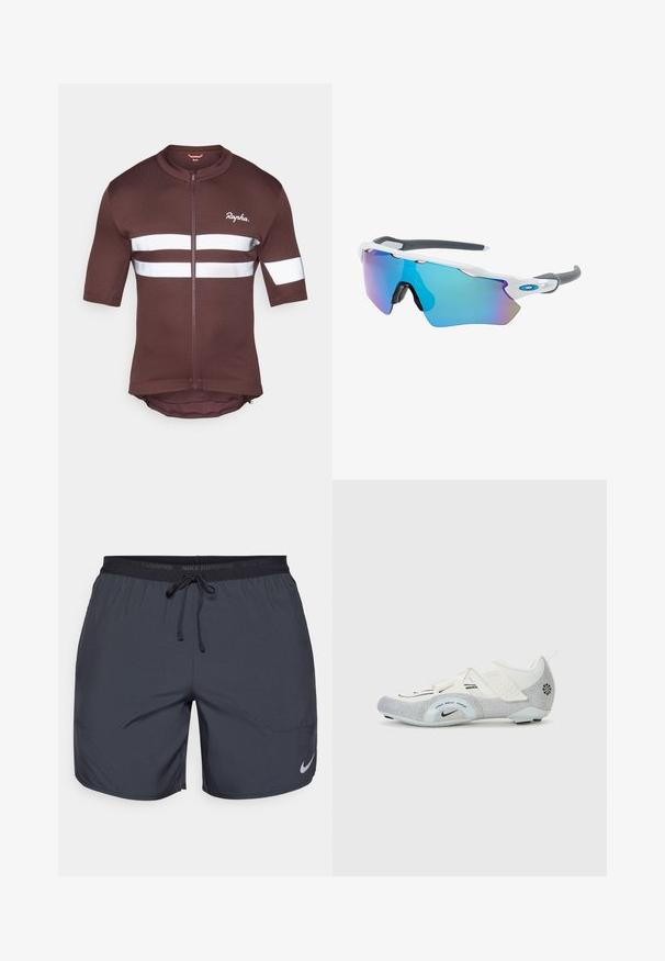 Hnedé cyklistické tričko s krátkym rukávom a plným zipsom, s bielymi reflexnými pruhmi a sieťovanými detailmi. Logo značky umiestnené vpredu.; Běžecké šortky Nike v tmavě šedé barvě, s elastickým pasem a šňůrkou na stažení, a stříbrným logem na spodní části pravé nohavice.; Biele a strieborné cyklistické topánky s priedušným zvrškom, textúrovanými akcentmi, nastaviteľnými popruhmi a gumovou podrážkou pre priľnavosť a stabilitu.; Slnečné okuliare s bielym rámom, so sivými akcentmi a modrými zrkadlovými sklami. Športový dizajn, okrúhly tvar a nastaviteľné nosové podložky.