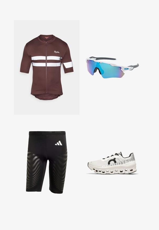 Maillot de cyclisme marron à manches courtes avec une fermeture éclair intégrale, avec des bandes réfléchissantes blanches et des accents en mesh. Logo de la marque affiché à l'avant.; Shorts de sport noirs avec une coupe ajustée, présentant un motif en vagues brillant sur les côtés et un logo blanc sur la taille.; Baskets de course blanches avec un dessus en mesh, des accents noirs, une semelle rembourrée dotée de découpes hexagonales et un marquage "CLOUDTEC".; Lunettes de soleil avec une monture blanche, des accents gris et des verres miroitants bleus. Design sportif, forme enveloppante et plaquettes de nez réglables.