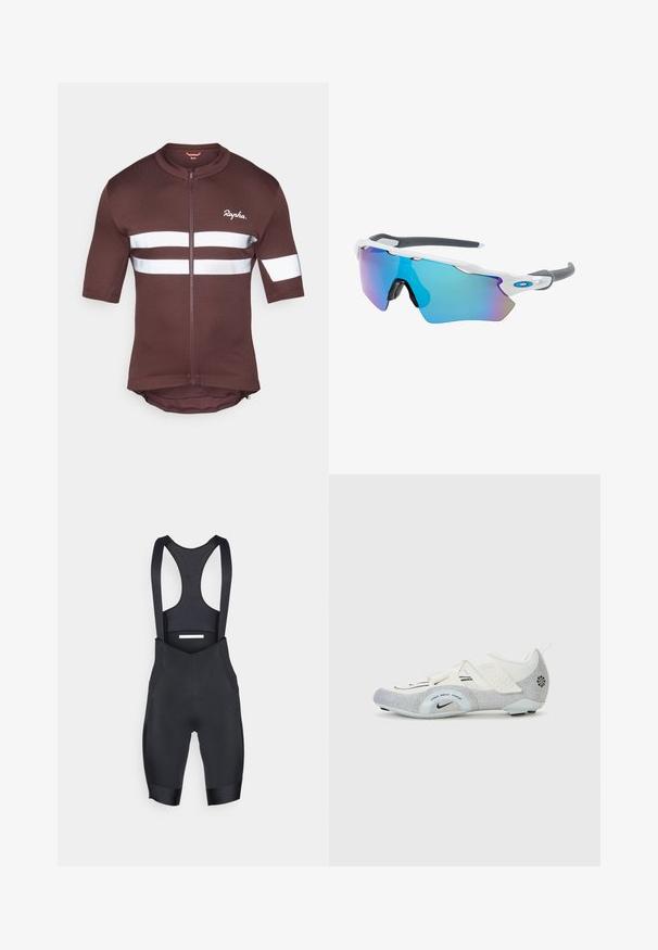 Bruin fietsshirt met korte mouwen en een volledige rits, voorzien van witte reflecterende strepen en mesh accentjes. Merkenlogo aan de voorkant.; Zwarte fiets-bibshorts van rekbaar materiaal, met verstelbare banden, een mesh achterkant en een gepolsterde zit voor comfort.; Witte en zilveren fietsschoenen met een bovenwerk van mesh, getextureerde accenten, verstelbare banden en een rubberen buitenzool voor grip en stabiliteit.; Zonnebril met een wit frame, grijze accenten en blauwe spiegelglazen. Sportief ontwerp, omhulde vorm en verstelbare neuspads.