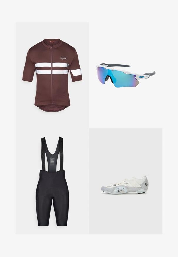 Braunes kurzärmliges Fahrradtrikot mit durchgehendem Reißverschluss, ausgestattet mit weißen reflektierenden Streifen und Netz-Details. Markierungslogo auf der Vorderseite.; Schwarze Fahrradhosen mit gepolstertem Einsatz, elastischen Trägern und einer glatten, dehnbaren Textur. Verfügt über ein minimalistisches Design.; Weiße und silberne Radschuhe mit einem Obermaterial aus Mesh, strukturierten Akzenten, verstellbaren Riemen und einer Gummisohle für Grip und Stabilität.; Sonnenbrille mit einem weißen Rahmen, grauen Akzenten und blauen Spiegellinsen. Sportliches Design, umschließende Form und verstellbare Nasenpads.