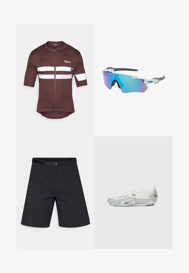 Rudas trumpas rankovėmis dviratininkų maikas su pilnu užtrauktuku, su baltais atspindinčiais dryžiais ir tinklelio akcentais. Prekės ženklo logotipas matomas priekyje.; Juodi šortai, pagaminti iš lengvos medžiagos, su lygiu priekiu, šoninėmis kišenėmis ir reguliuojamu diržu juosmens srityje.; Balti ir sidabriniai dviratininko batai su tinklelio viršumi, tekstūruotais akcentais, reguliuojamais dirželiais ir guminėmis padangomis, užtikrinančiomis sukibimą ir stabilumą.; Akiniai nuo saulės su balta rėmeliu, pilkų akcentų ir mėlynais veidrodiniais objektyvais. Sportiškas dizainas, aplink galvą prilipusios formos ir reguliuojamos nosies pagalvėlės.