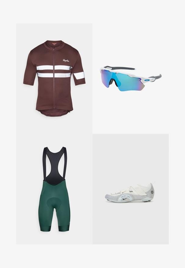 Braun majica za bicikl s kratkim rukavima i punim patentnim zatvaračem, s bijelim reflektirajućim trakama i mrežastim naglascima. Logo branda prikazan je sprijeda.; Zeleni biciklistički šorts sa crnim trakama, sa podstavljenim pamukom i glatkom teksturom. Dizajn uključuje mrežasti deo na leđima za ventilaciju.; Bijele i srebrne biciklističke cipele s mrežastim gornjim dijelom, teksturiranim detaljima, podešivim trakama i gumiranim potplatima za prianjanje i stabilnost.; Naočale za sunce s bijelim okvirom, sivo-zlatnim detaljima i plavim zrcalnim lećama. Sportski dizajn, oblik koji se prilagođava obliku lica i podesive nosne jastučiće.