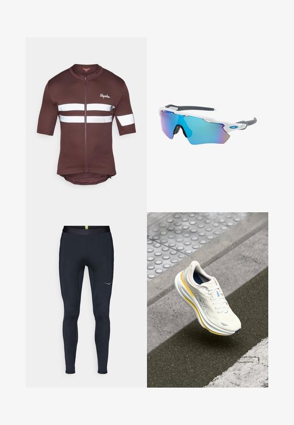 Ruskoppa lyhythihainen pyöräilypaita, jossa on täysipitkä vetoketju, valkoiset heijastavat raidat ja verkko-osia. Brändin logo esillä edessä.; Navy urheilulegginsit, jotka on valmistettu joustavasta kankaasta. Niissä on sileä vyötärö, kapeat mittasuhteet ja heijastava logo kyljessä.; Valkoiset ja keltaiset HOKA-tennarit leijuvat tekstuurilla varustetun jalkakäytävän ja tien reunan yläpuolella lähistöllä suojatietä.; Aurinkolasit valkoisella muodolla, harmailla yksityiskohdilla ja sinisillä peilipinnoilla. Urheilullinen muotoilu, ympäröivä malli ja säädettävät nenätyynyt.