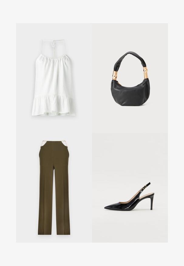 Biała bluzka bez rękawów z lekkiego materiału. Posiada marszczony dekolt i rozkloszowany, falbaniasty dół. Zawiązywana z tyłu na węzeł.; Oliwkowe spodnie szerokie, wykonane z gładkiego materiału, z złotymi łańcuszkami na pasku. Prosty krój z czystym wykończeniem.; Czarne lakierowane szpilki typu slingback z szpiczastym noskiem, smukłym obcasem i subtelnym wycięciem. Posiadają złotą klamrę na pasku.; Czarna skórzana torebka o okrągłym kształcie, miękkiej fakturze i wiązanym uchwycie z akcentami w złotym odcieniu. Zamek błyskawiczny.