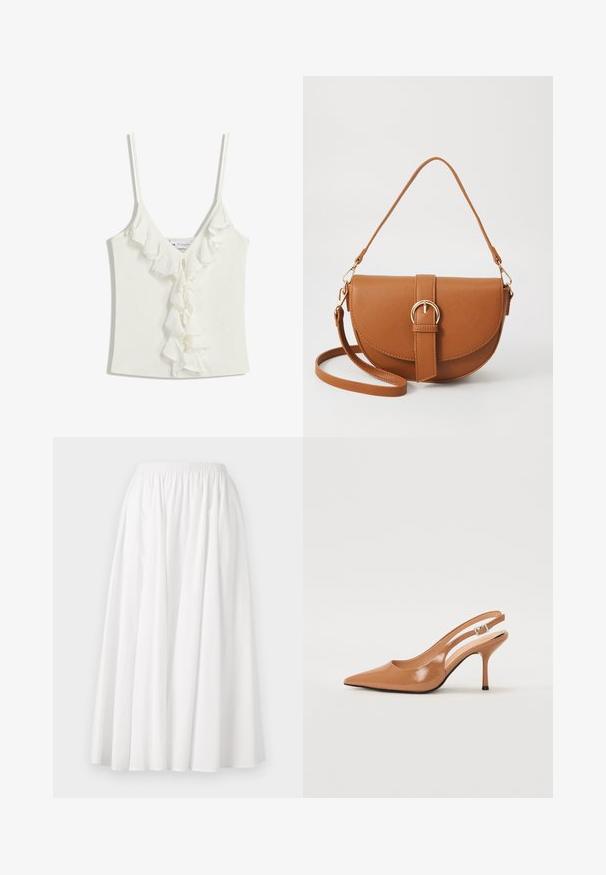 White sleeveless top with a V-neckline, featuring ruffled accents down the center. Made from a soft, textured fabric.; White, knee-length skirt made from lightweight fabric, featuring an elastic waistband and a flared, pleated design.; Pointed toe slingback heel in a smooth, glossy tan material. Features a curved cutout design and a slender stiletto heel. Silver buckle detail.; Brown leather crossbody bag with a curved shape, gold hardware, and a buckle accent. Features a detachable shoulder strap.