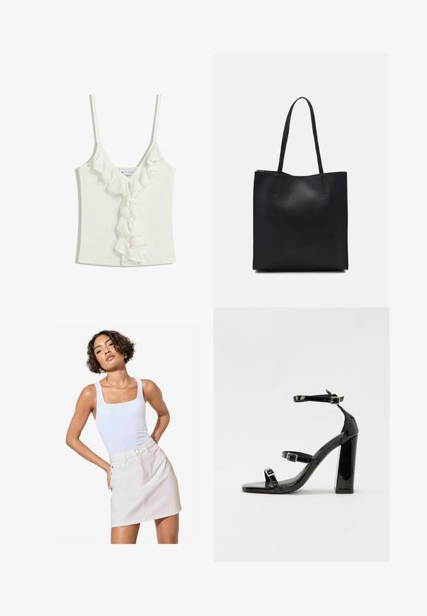 Fehér ujjatlan felső V-nyakkivágással, ráncos díszítéssel a középső részen. Puha, texturált anyagból készült.; Fehér ujjatlan felső négyzet alakú dekoltárral, világos bézs farmer mini szoknyával párosítva, elülső zsebekkel és finom varrási részletekkel.; Fekete lakk magas sarkú szandál négyzet alakú orral, bokapántokkal és ezüst csatokat tartalmaz. Masszív blokk sarka a stabilitásért felel.; Fekete bőrtáska sima felszínnel, téglalap alakú, két hosszú füllel. Nincs látható fémkiegészítő vagy díszítés.