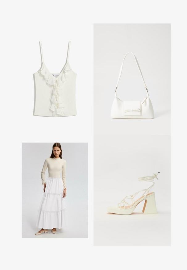Bílý top bez rukávů s V- výstřihem, zdobený volány uprostřed. Vyroben z měkké, strukturované tkaniny.; Béžové dlouhé rukávy tričko s volány na manžetách v kombinaci s bílou maxi sukní s řasenými švy. Modelka má na sobě béžové boty na blokovém podpatku.; Bílé sandály na vysokém podpatku s robustním podpatkem, s designem s pásky a zavazováním kolem kotníku. Hladký povrch s platformou vpředu pro zvýšení výšky.; Bílá syntetická kabelka v trojúhelníkovém tvaru, s plochým předním klopným víkem a detailem mašle, nastavitelným popruhem, hladkým povrchem a minimalistickým designem.