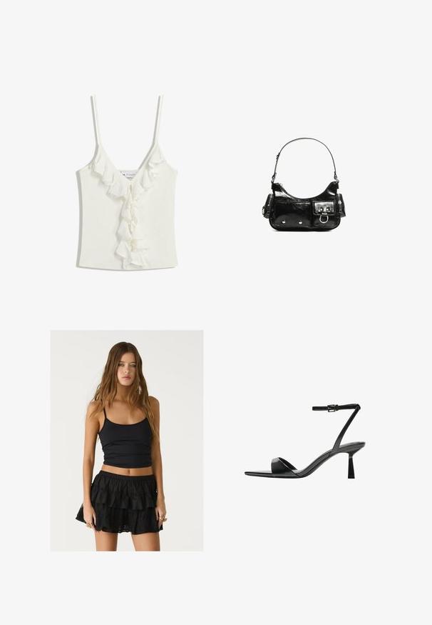 Vit ärmlös topp med V-ringning, med rynkade detaljer ner längs mitten. Tillverkad av ett mjukt, texturerat tyg.; Svart elastisk linne med tunna axelband, parat med en svart kjol med volanger och spetsaccenter, vilket skapar en lager-effekt.; Bershka Sandaletter - black; Svart lackläderhandväska med en rundad form, en axelrem, framfickor och detaljer i silverfärg.