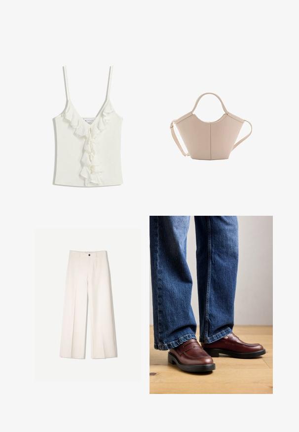 Witte mouwloze top met een V-halslijn, voorzien van ruches langs het midden. Gemaakt van een zachte, gemêleerde stof.; Crème brede broek met een tailored ontwerp, voorzien van twee voorzakken en een enkele sluiting met een knop aan de voorkant, gemaakt van een gladde stof.; Persoon in bruine leren instappers en blauwe spijkerbroek, staand op een houten vloer tegen een neutrale achtergrond.; Beige leren handtas met een unieke vorm, voorzien van twee korte handvatten en een lange verstelbare schouderriem. Glad oppervlak met minimale hardware.