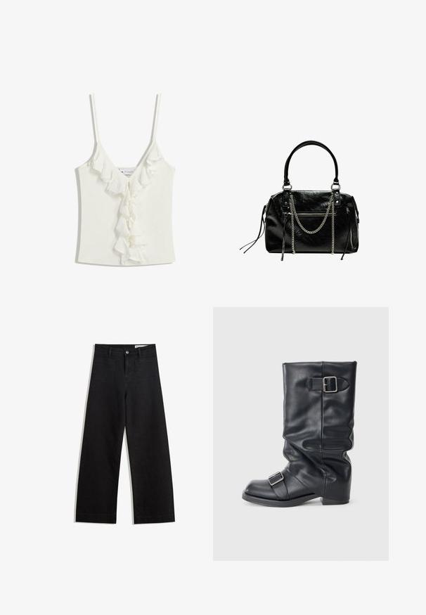 Fehér ujjatlan felső V-nyakkivágással, ráncos díszítéssel a középső részen. Puha, texturált anyagból készült.; Fekete, bő szabású farmernadrág magas derékkal, elülső és hátsó zsebekkel, varrott felületekkel és gombos záródással. Sima textúra.; Fekete bőr csizma hajtott csonkkal, két ezüst csattal. Kerek orr és alacsony, lapos talp kialakítás. Simább textúra, minimális részletezéssel.; Bershka WITH CHAIN - Kézitáska - black