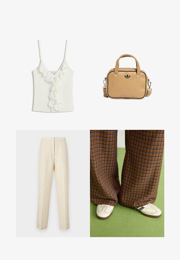 Vit ärmlös topp med V-ringning, med rynkade detaljer ner längs mitten. Tillverkad av ett mjukt, texturerat tyg.; Ljusgräddfärgade skräddarsydda byxor med en texturerad blommönster, med raka ben och en ren midja med bakfäste.; Bruna och blå rutiga vida byxor i kombination med vita skor med svarta accenter och texturerade sulor, mot en grön bakgrund.; Tan veganläderväska med två handtag, avtagbar axelrem, svarta accentstygn och en liten svart logga på framsidan.