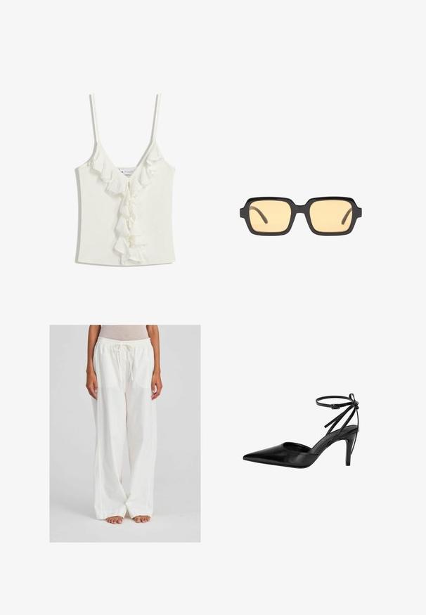 Fehér ujjatlan felső V-nyakkivágással, ráncos díszítéssel a középső részen. Puha, texturált anyagból készült.; Fehér, könnyű, bőszárú nadrág, rugalmas derékkal és húzózsinórral. Az anyag simának tűnik, és enyhén áttetsző.; Fekete, hegyes orrú magassarkú cipő, amelynél kivágásos dizájn és állítható bokapánt található. A cipő sima, fényes felülettel és karcsú sarokkal rendelkezik.; Fekete téglalap alakú napszemüveg sárga lencsékkel, könnyű kerettel és jellegzetes tompa élekkel a halántéknál. Simább, fényes felület.; Barna bőr keresztbody táska ívelt formával, aranyszínű fémrészekkel és csat díszítéssel. Levehető vállpánttal rendelkezik.