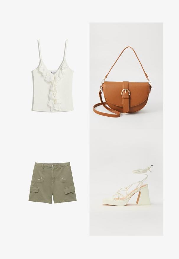 Biely top bez rukávov s výstrihom do V, ktorý má volánové detaily pozdĺž stredu. Vyrobený z mäkkej, textúrovanej tkaniny.; Cargo šortky v olivovozelenej bavlne s dvoma prednými vreckami, jedným bočným vreckom a kovovou gombíkovou uzávierkou. Hladká textúra a upravený strih.; Biele sandále na vysokom opätku s hrubým podpätkom, s pruhovaným dizajnom a viazaním na členku. Hladký povrch s platformou vpredu pre zvýšenú výšku.; Hnedá kožená kabelka cez telo s zakriveným tvarom, zlatými kovovými doplnkami a akcentom s prackou. Obsahuje odnímateľný ramenný popruh.