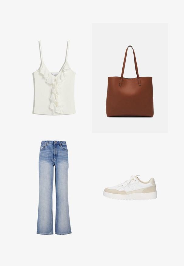 Weißes ärmelloses Oberteil mit V-Ausschnitt, das in der Mitte mit Rüschendetails verziert ist. Hergestellt aus einem weichen, strukturierten Stoff.; Hellblaue Denim-Weite-Bein-Jeans mit hoher Taille, Knopfverschluss, subtilen Verwaschungen und klassischem Fünf-Taschen-Design.; Weißer Sportschuh mit einer glatten Lederoberfläche und Wildlederakzenten, einer abgerundeten Zehenpartie und einer strukturierten Gummisohle. Schnürsenkel sind zentral platziert.; Braune Leder-Tote mit glatter Textur, offenem Oberteil und zwei Schulterriemen. Verfügt über minimale Nähte und keine sichtbaren Beschläge.